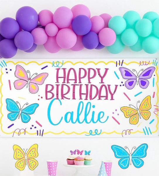 Butterfly Birthday Banner • Personalized Party Backdrop • Girls 1st Birthday Decor • Custom Name Banner • Vinyl or Digital File