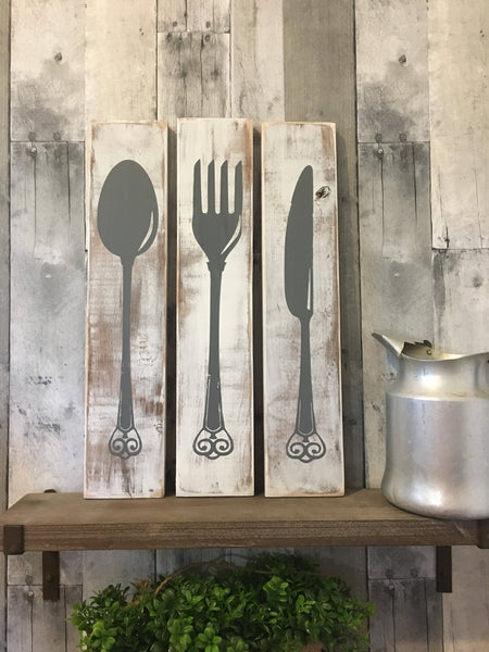 Farmhouse Kitchen Decor, Silverware Sign, Fork Knife Spoon, Wood, Kitchen Art, Rustic Kitchen, Rustic Wood Signs