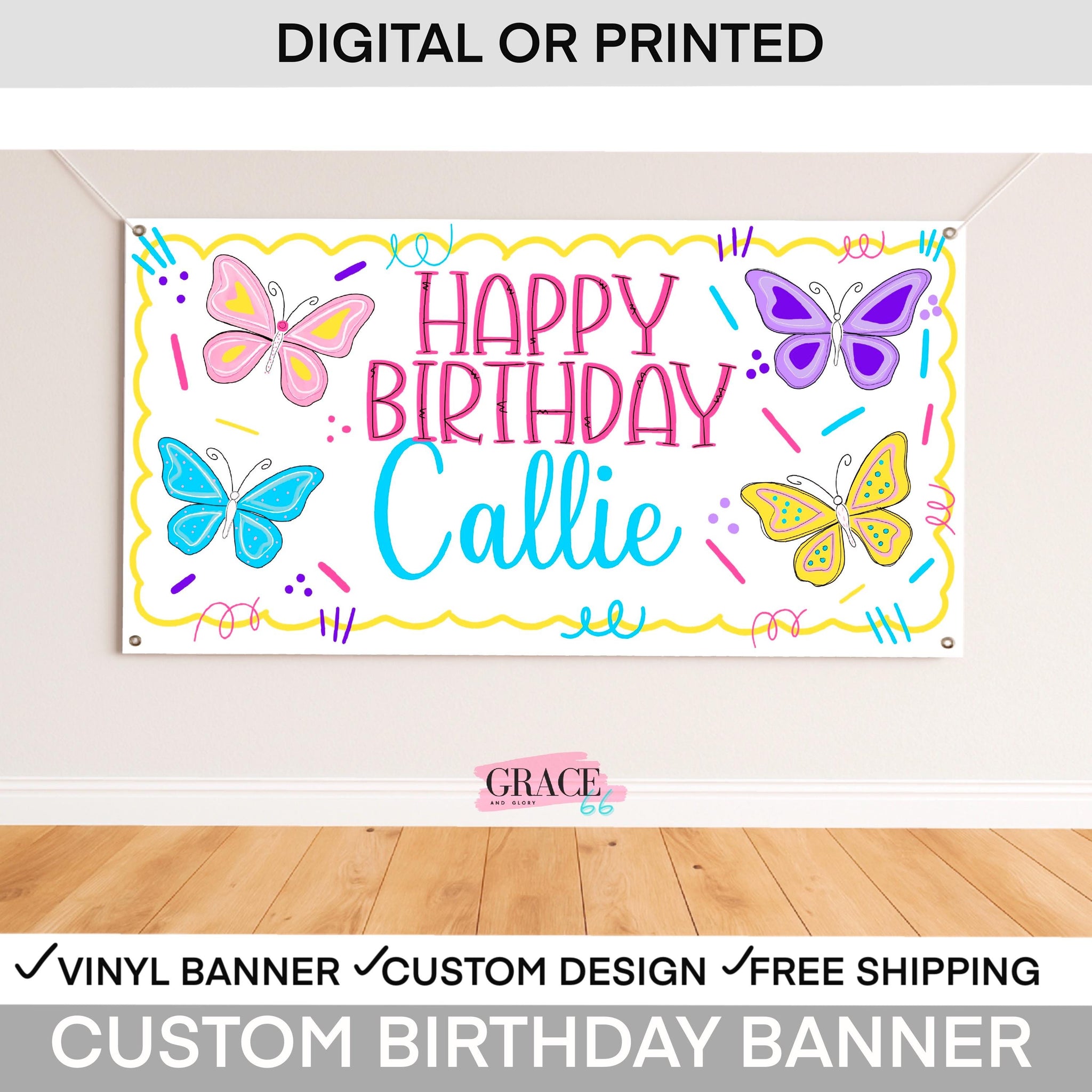 Butterfly Birthday Banner • Personalized Party Backdrop • Girls 1st Birthday Decor • Custom Name Banner • Vinyl or Digital File
