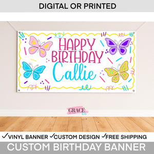 Butterfly Birthday Banner • Personalized Party Backdrop • Girls 1st Birthday Decor • Custom Name Banner • Vinyl or Digital File