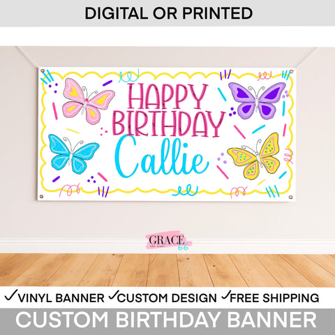 Butterfly Birthday Banner • Personalized Party Backdrop • Girls 1st Birthday Decor • Custom Name Banner • Vinyl or Digital File