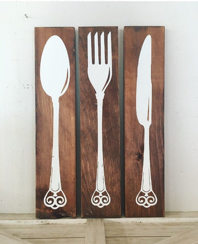Farmhouse Kitchen Decor, Silverware Sign, Fork Knife Spoon, Wood, Kitchen Art, Rustic Kitchen, Rustic Wood Signs